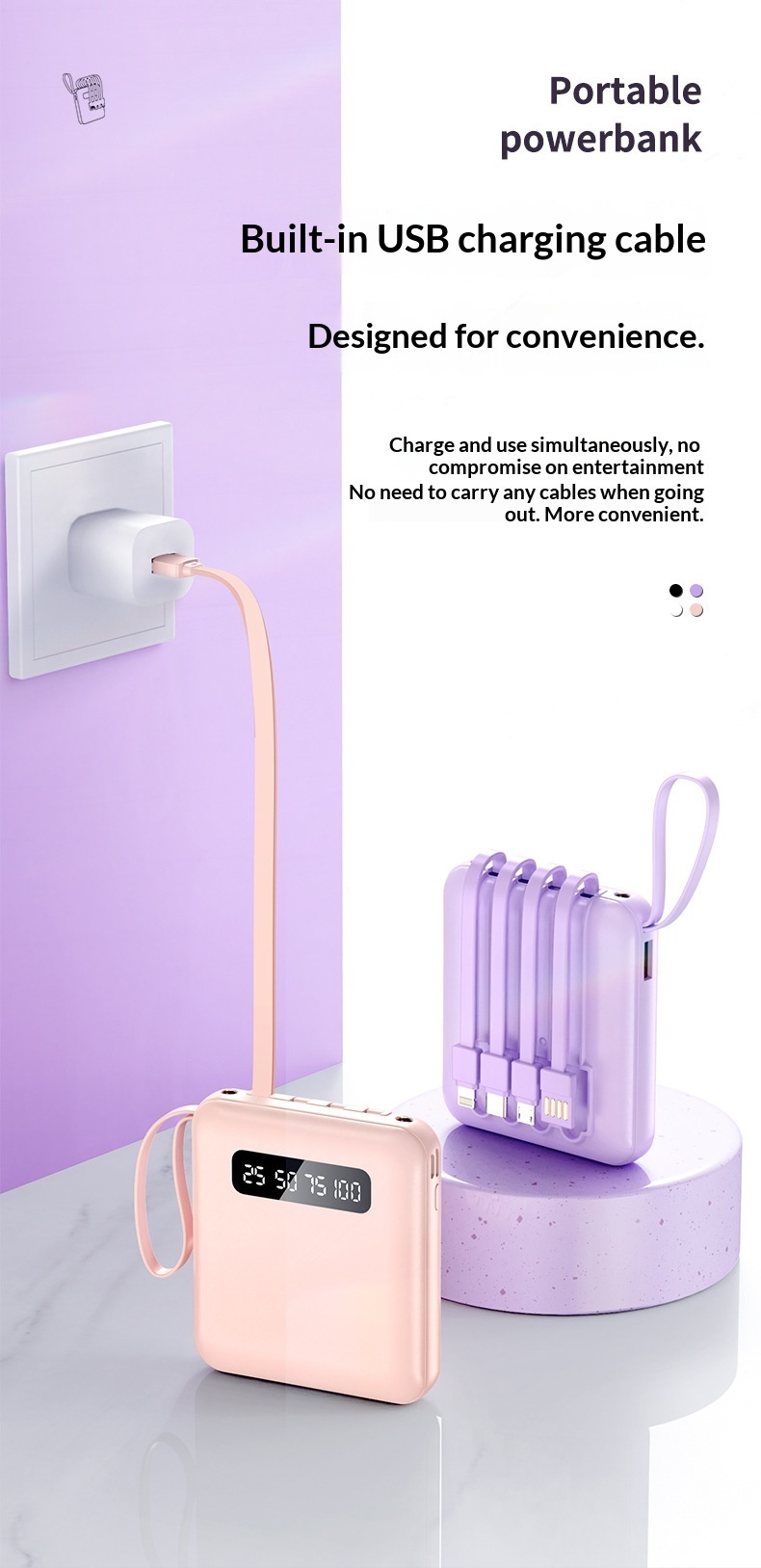 Custom Bank 20000mAh Mini Fast Charging With Cable Large Capacity Airplane Portable Mobile Power Supply_voghion.com