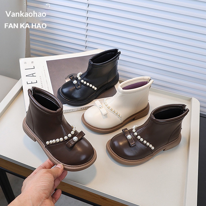 ShoeGlobe Vanca Hao Girls' Bowknot Pearl Princess 2024 Autumn New Korean Style Children's Fashion Short Boots For Older Kids_voghion.com
