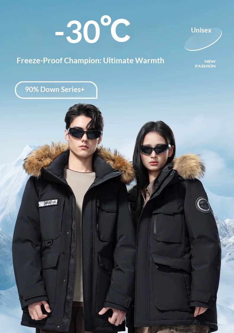 ActiveGo Winter White Duck Unisex Down Jacket Raccoon Fur Couple Outdoor Workwear Extreme Cold Windbreaker_voghion.com