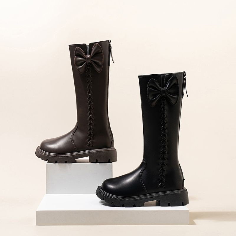 ShoeGlobe Girls' Fashion Brit Style High 2025 Autumn Winter New Fleece-Lined Leather For Big Kids Versatile Princess Boots_voghion.com