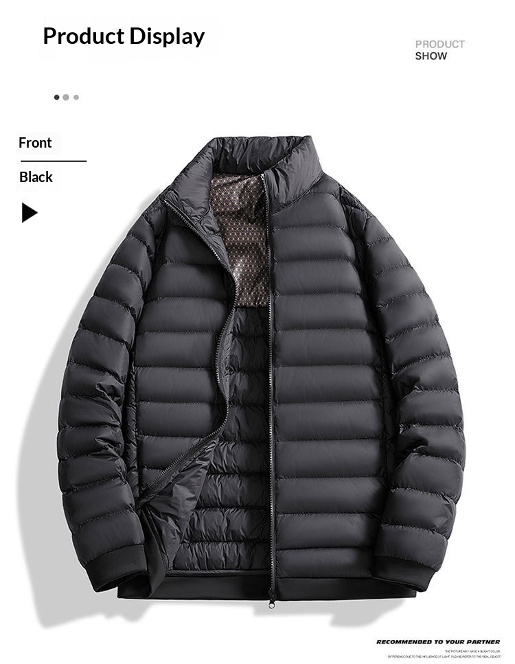 Veste ActiveGo unisexe noire automne hiver, col montant, fine et légère, doublure courte en duvet_voghion.com