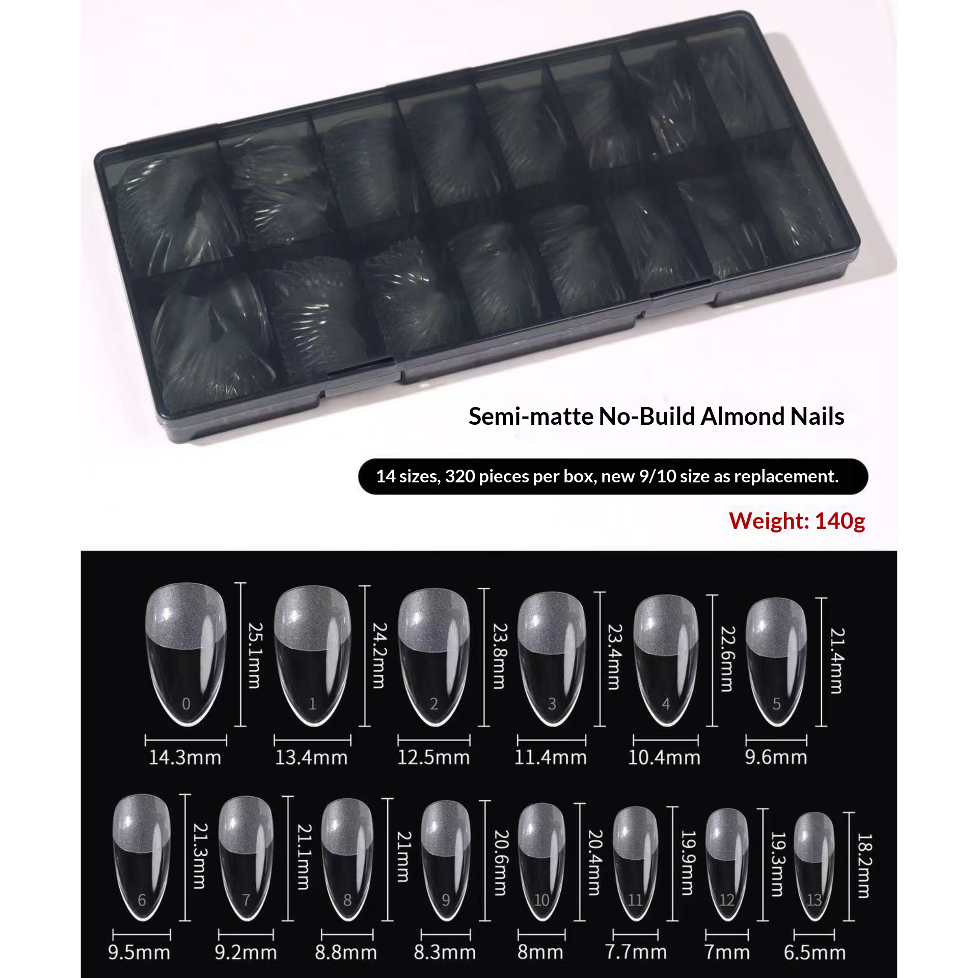 Cross-Border Hot Item 320 Pieces Black Box Tips Ultra-Thin Seamless Semi-Matte Nail Stickers Oval Trapezoid Boxed_voghion.com