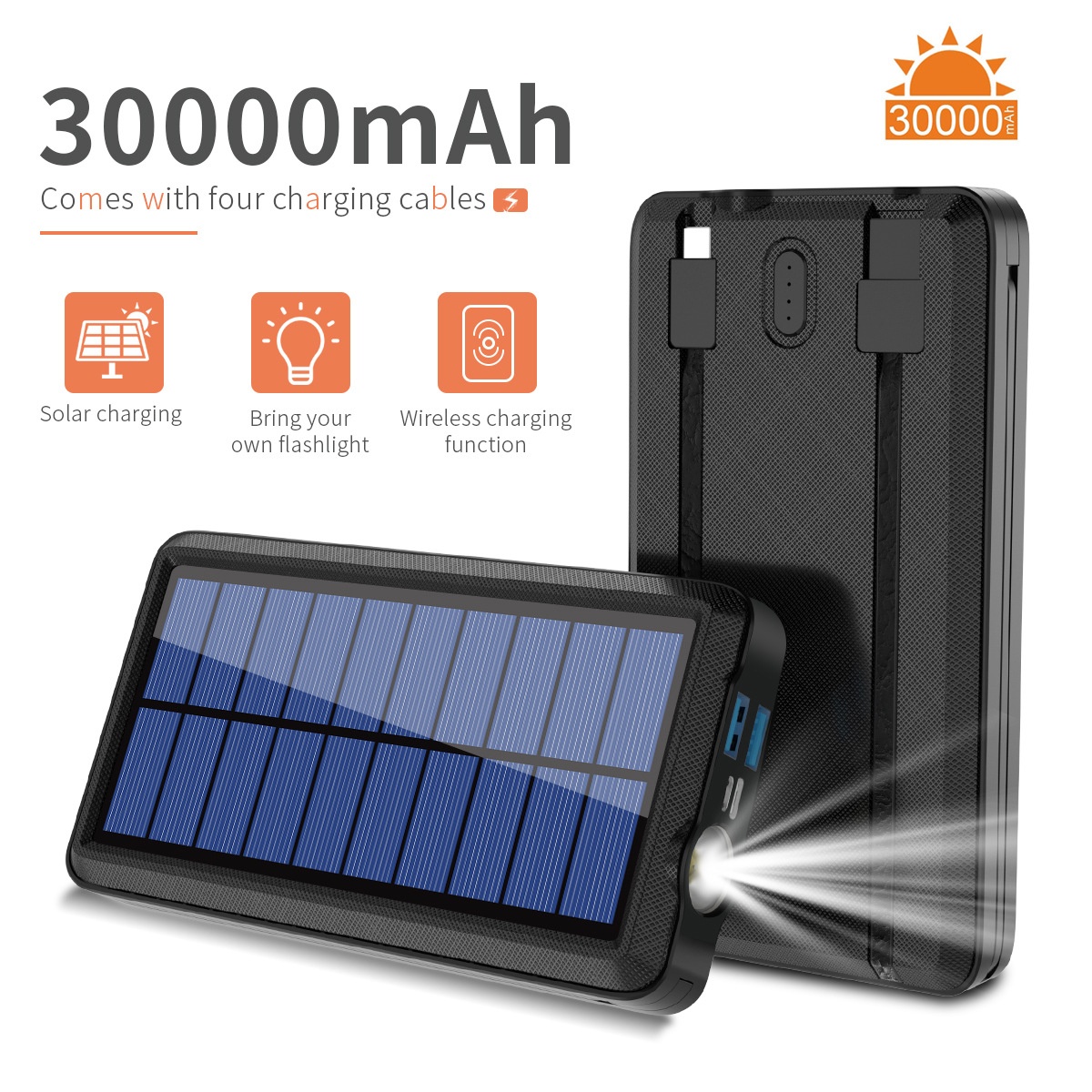 Comes With 4-Wire Solar Power Bank 30000mAh Wireless Large Capacity Two-Way Fast Charging Portable Charger CE_voghion.com