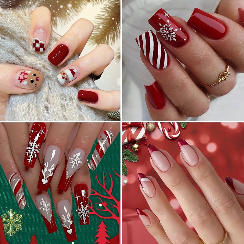 Christmas Wearable Nails Holiday Long Pieces Detachable Stickers Santa Claus Snowflake Nail Art_voghion.com