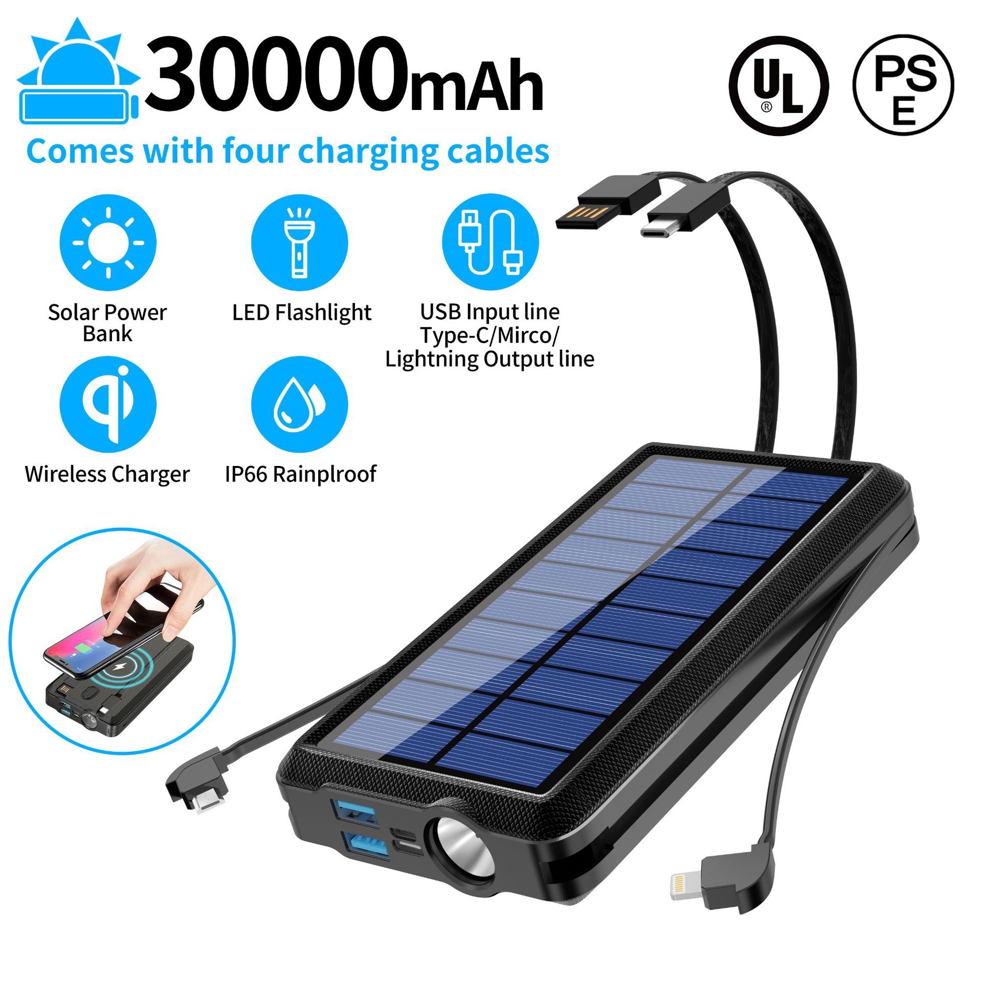 Comes With 4-Wire Solar Power Bank 30000mAh Wireless Large Capacity Two-Way Fast Charging Portable Charger CE_voghion.com