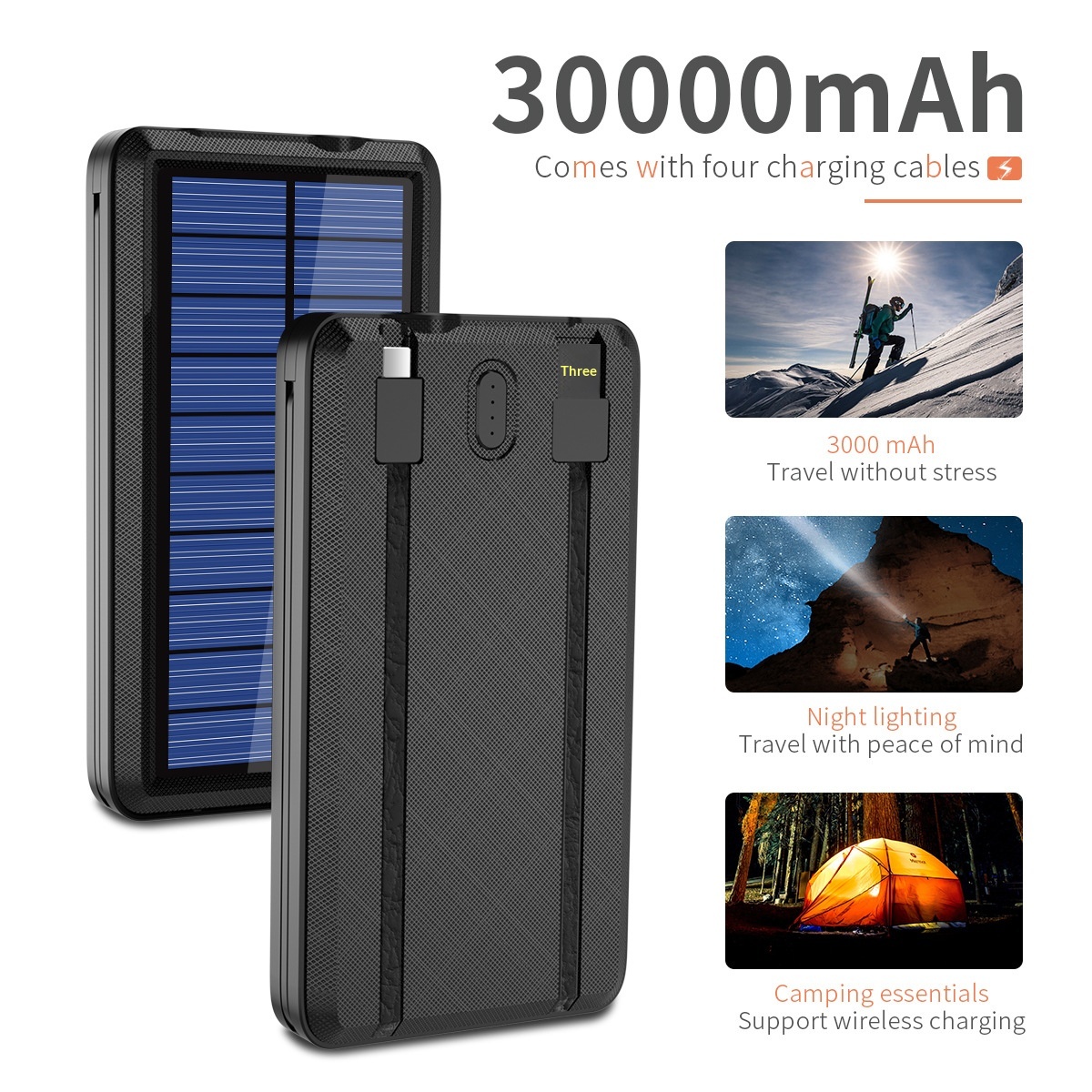 Comes With 4-Wire Solar Power Bank 30000mAh Wireless Large Capacity Two-Way Fast Charging Portable Charger CE_voghion.com