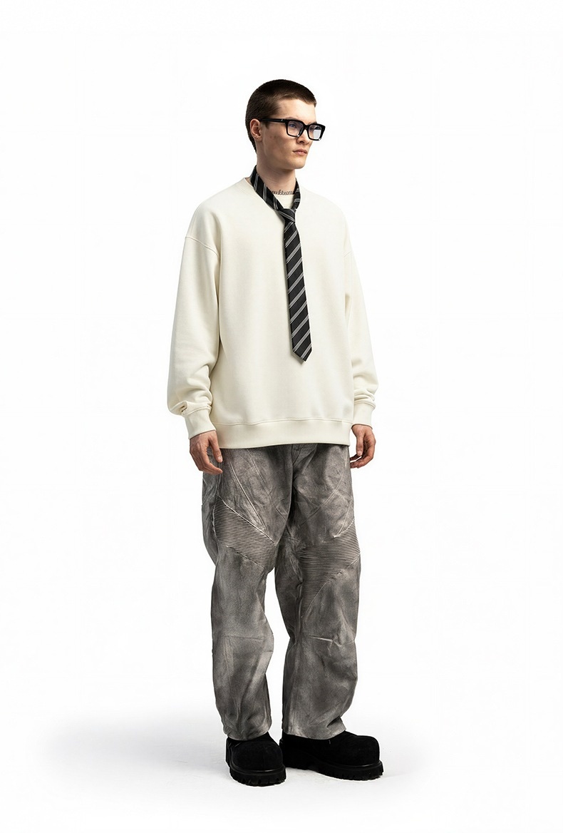 Pure Jie Zhan Men's Clothing|Polar Fleece Crewneck 25 Winter New American Street Style Solid Color Fleece-Lined Sweatshirt_voghion.com