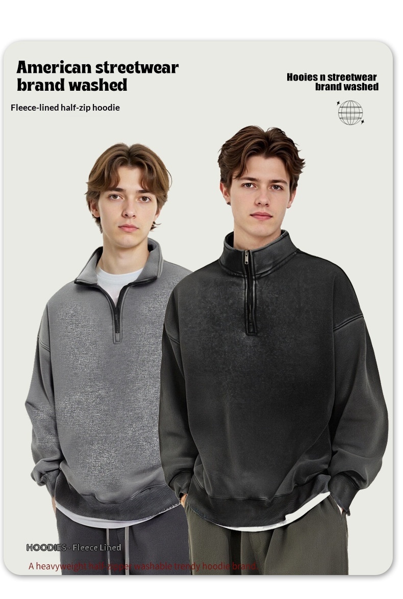Pure European And Cross-Border 450G Stand Collar Half-Zip Fleece Sweatshirt For Men Thick Autumn American Retro Couple Jacket_voghion.com