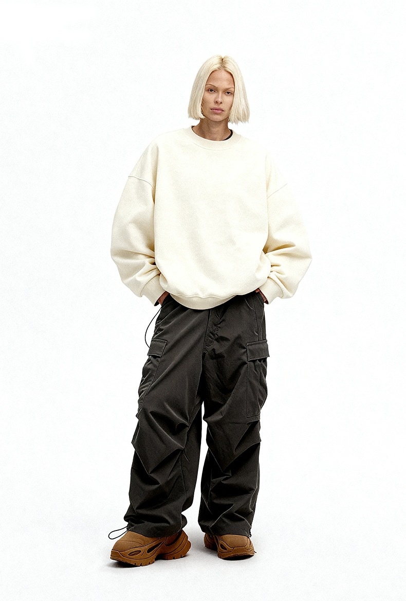 Pure Jie Zhan Men's Clothing|Polar Fleece Crewneck 25 Winter New American Street Style Solid Color Fleece-Lined Sweatshirt_voghion.com