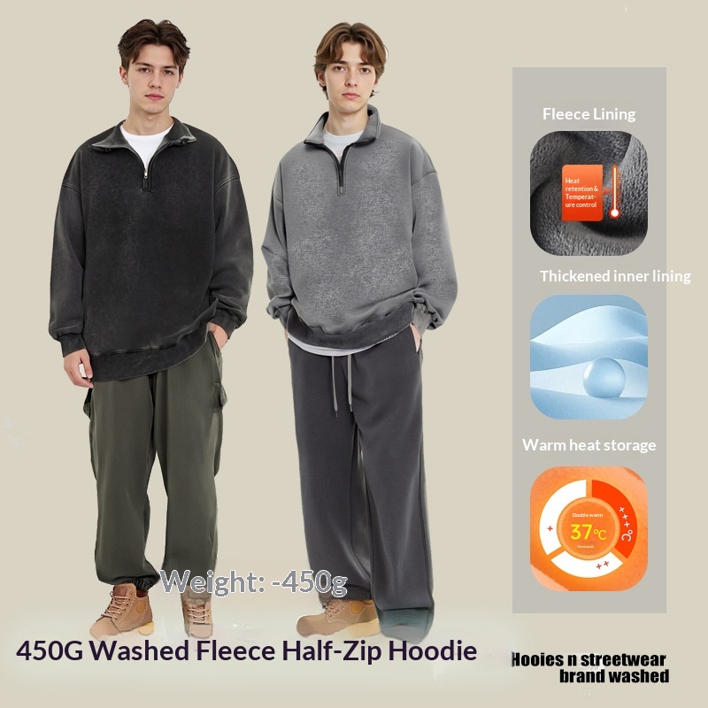Pure European And Cross-Border 450G Stand Collar Half-Zip Fleece Sweatshirt For Men Thick Autumn American Retro Couple Jacket_voghion.com