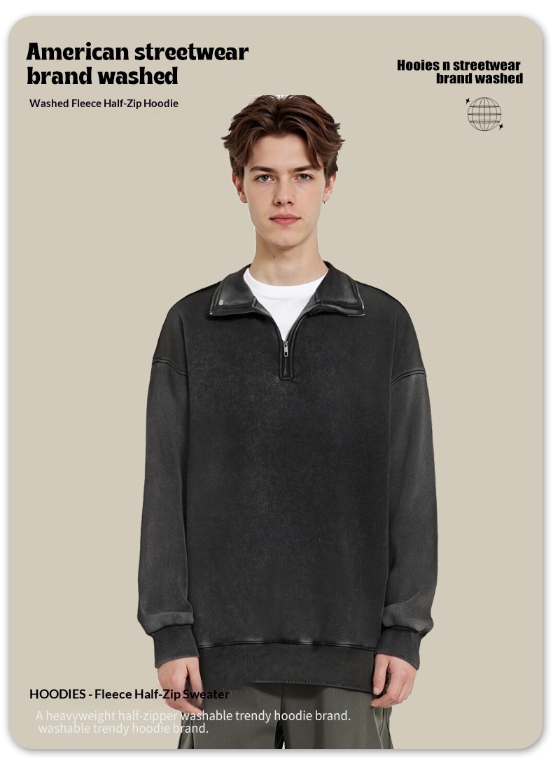 Pure European And Cross-Border 450G Stand Collar Half-Zip Fleece Sweatshirt For Men Thick Autumn American Retro Couple Jacket_voghion.com