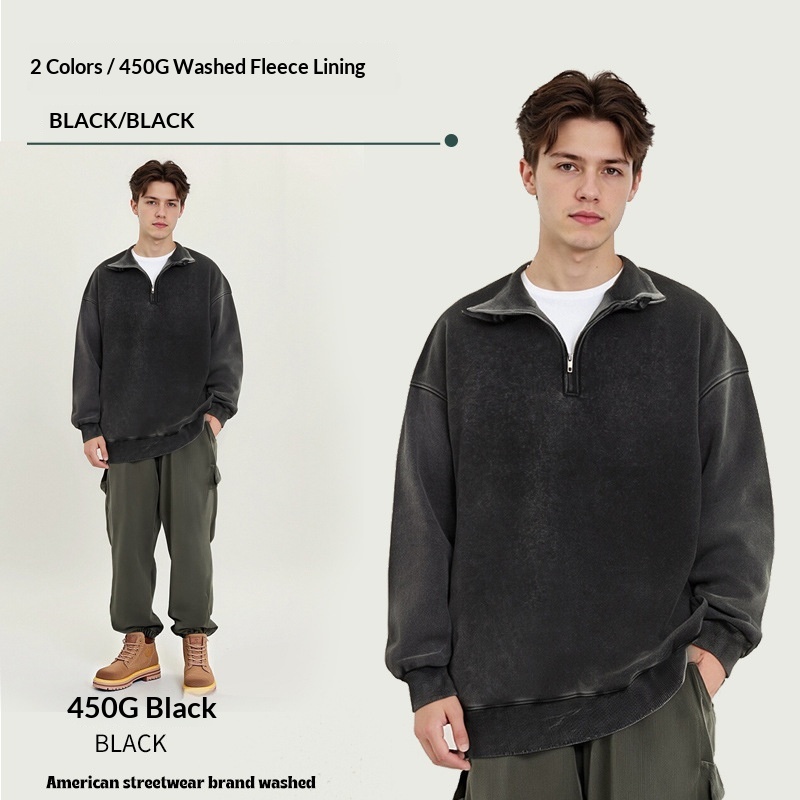 Pure European And Cross-Border 450G Stand Collar Half-Zip Fleece Sweatshirt For Men Thick Autumn American Retro Couple Jacket_voghion.com