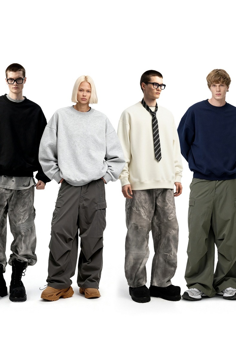 Pure Jie Zhan Men's Clothing|Polar Fleece Crewneck 25 Winter New American Street Style Solid Color Fleece-Lined Sweatshirt_voghion.com