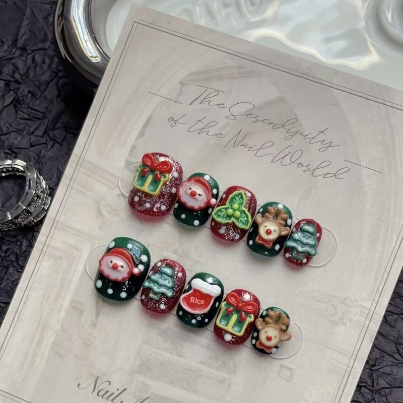 Purely Handmade Wearable Merry Christmas Short Snowman Reindeer Detachable Nails Nail Stickers Finished Product_voghion.com