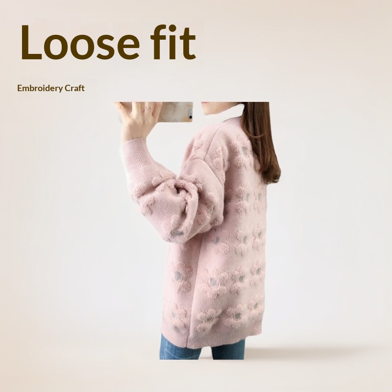 Haven Spring And Autumn Knitted Cardigan For Women, Color-Block Loose Outerwear, 2024 New Towel Embroidery Crochet Sweater,_voghion.com