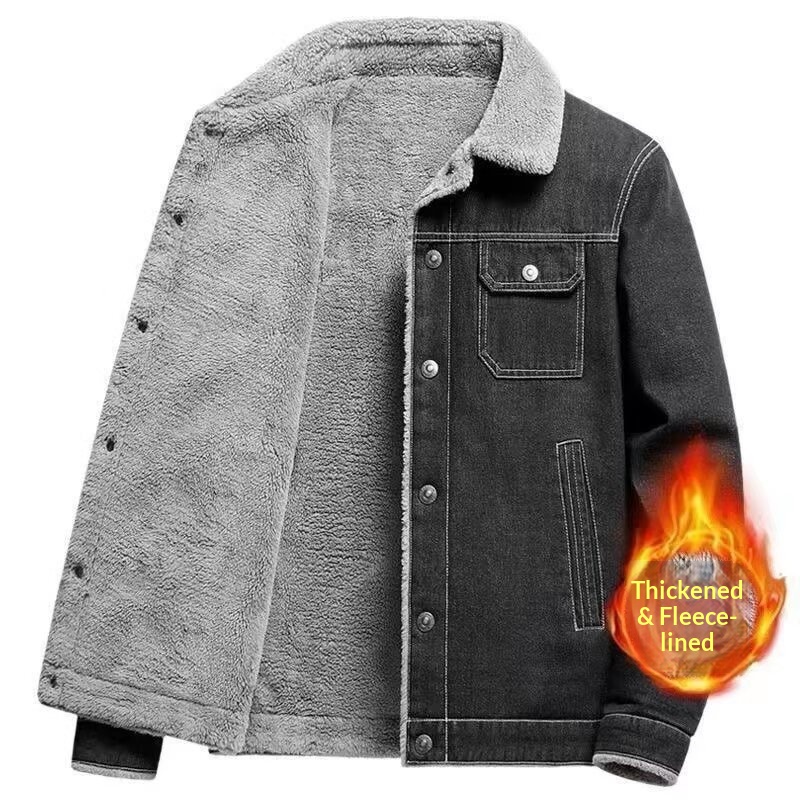 BOY Cross-Border Foreign Trade Denim Jacket Men's Winter New Trendy Lamb Wool Fleece Thickened Warm Cotton Coat Stylish_voghion.com