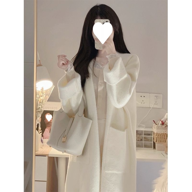 Haven Soft Style Milk White Mink Fur Mid-Length Cardigan Loose Lazy Feel Autumn Winter Knitted Coat_voghion.com