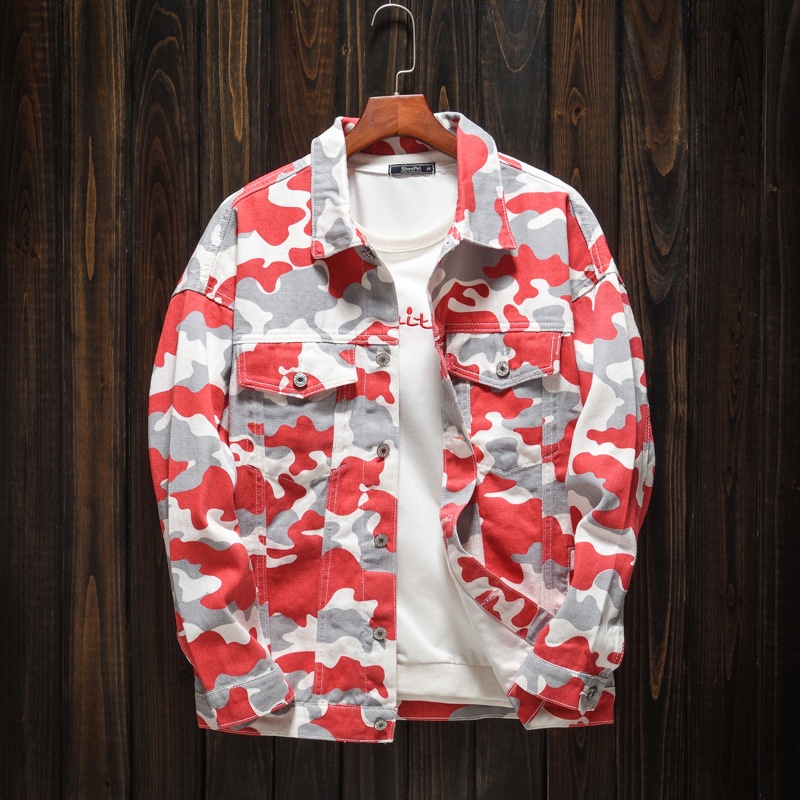 BOY Trendy Men's Spring And Autumn Denim Red Camouflage Drop Shoulder Hong Kong Style Loose Casual Jacket For Youth_mkmklike.com