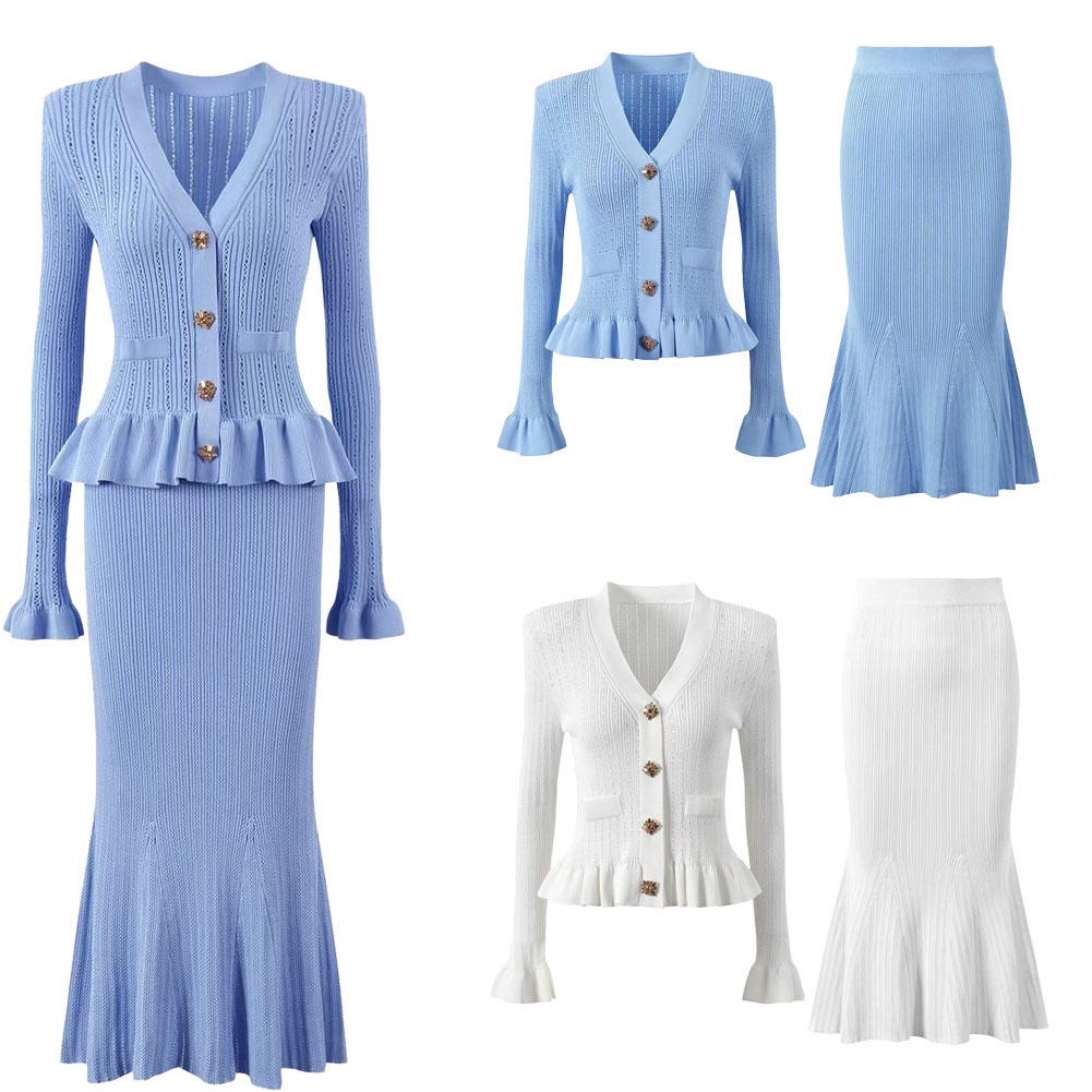 girl Girl European And American Style High-Quality In-Stock New Fashion Knitted V-Neck Slim Fit Dress Set_voghion.com