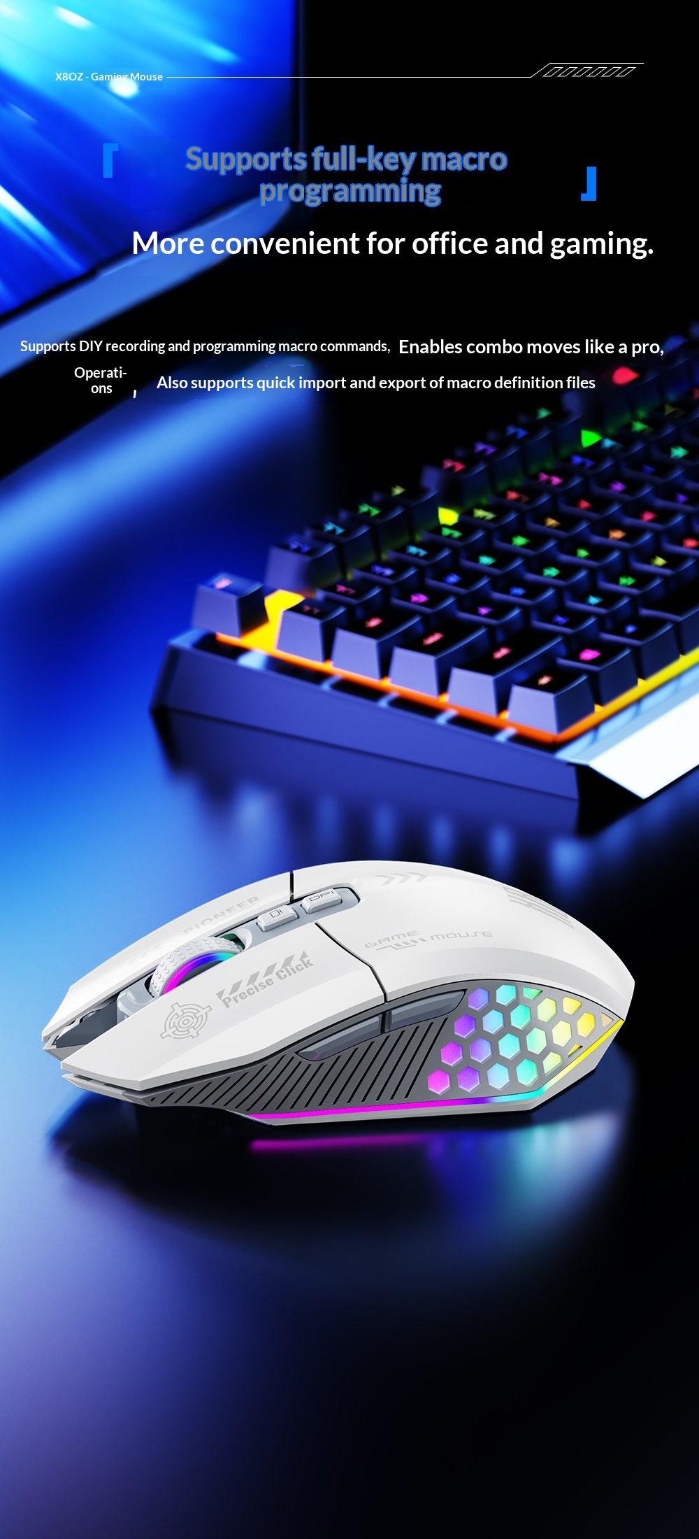 Mouse da gioco Digitex Digitex con cavo, wireless, Bluetooth, tripla modalità, e-sport, computer, ufficio, programmazione, modalità privata, USB, desktop_voghion.com