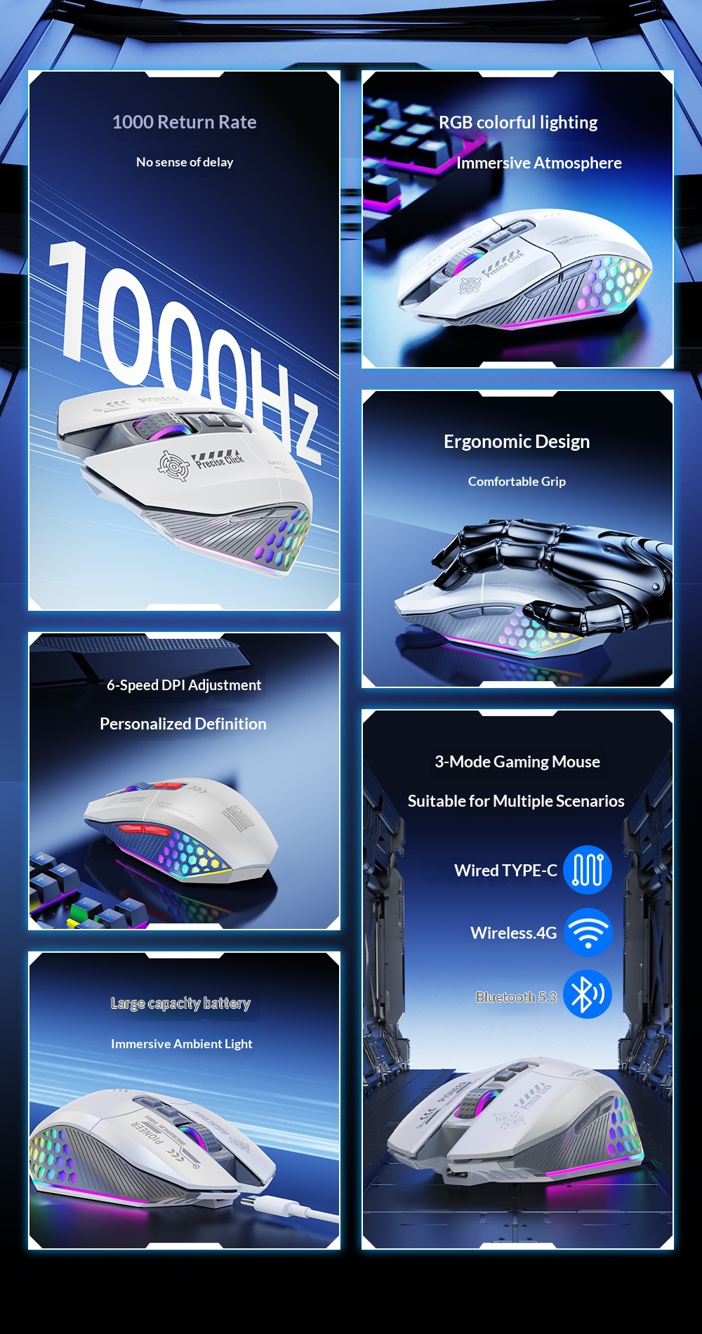 Mouse da gioco Digitex Digitex con cavo, wireless, Bluetooth, tripla modalità, e-sport, computer, ufficio, programmazione, modalità privata, USB, desktop_voghion.com