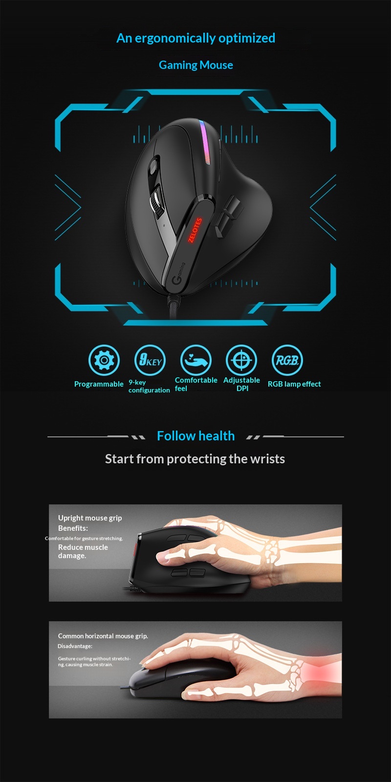 Digitex Digitex ZELOTES Master T50 RGB Dikey Kavrama Ergonomik Programlama Oyun Kablolu Fare Dizüstü Bilgisayar İçin_voghion.com