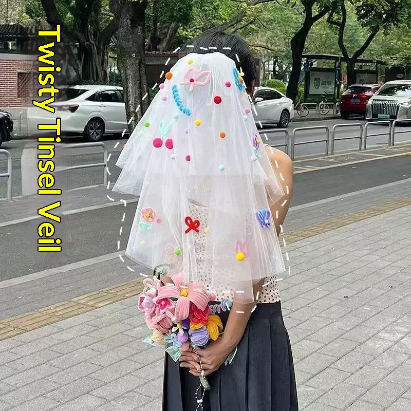 Lillian Fur Ball Handmade Veil Birthday Party Wedding Certificate Dopamine Girl Decoration Photo Props Head Accessories_voghion.com