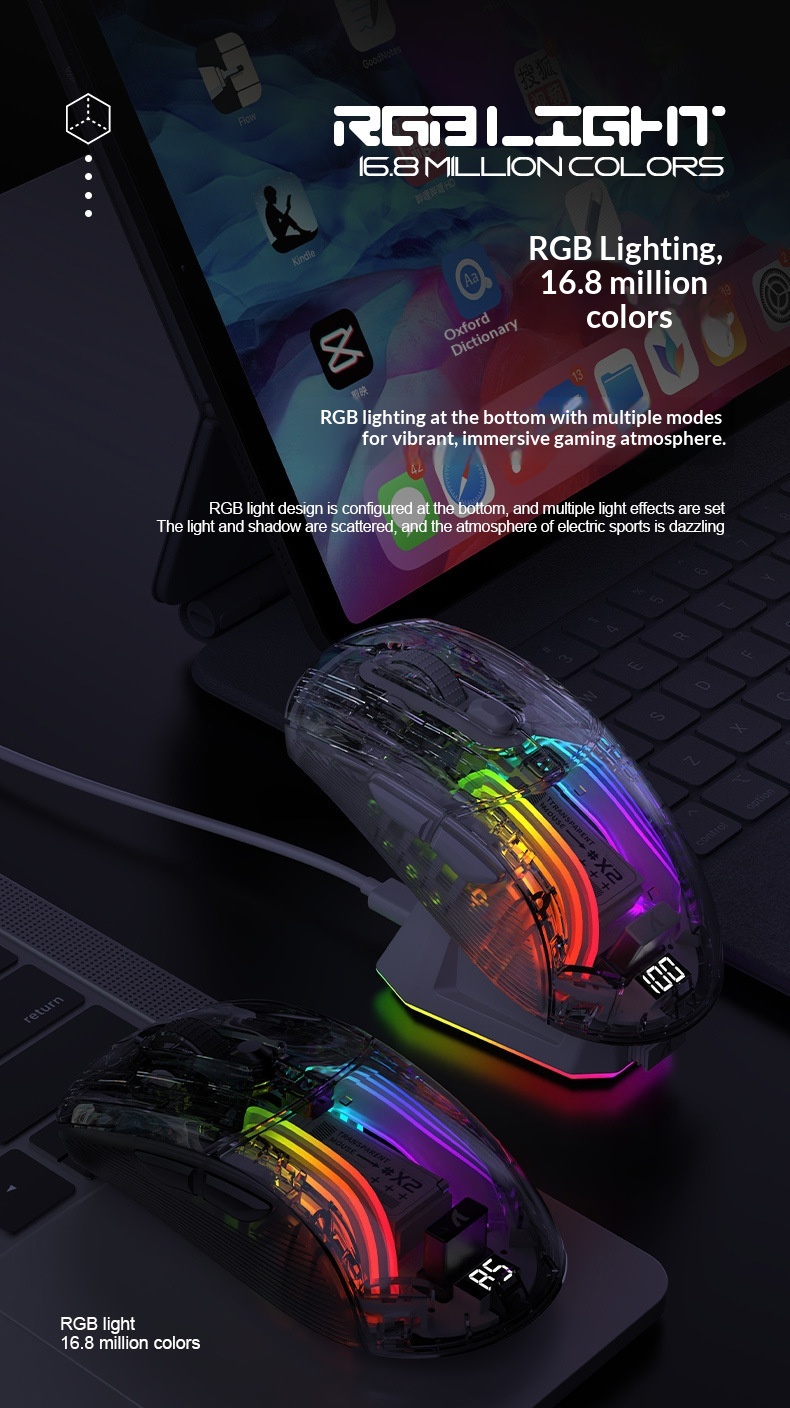 Digitex Digitex Attack Shark X2ProRGB Luminous Wireless Bluetooth Three-Mode Transparent Gaming Esports Mouse_voghion.com