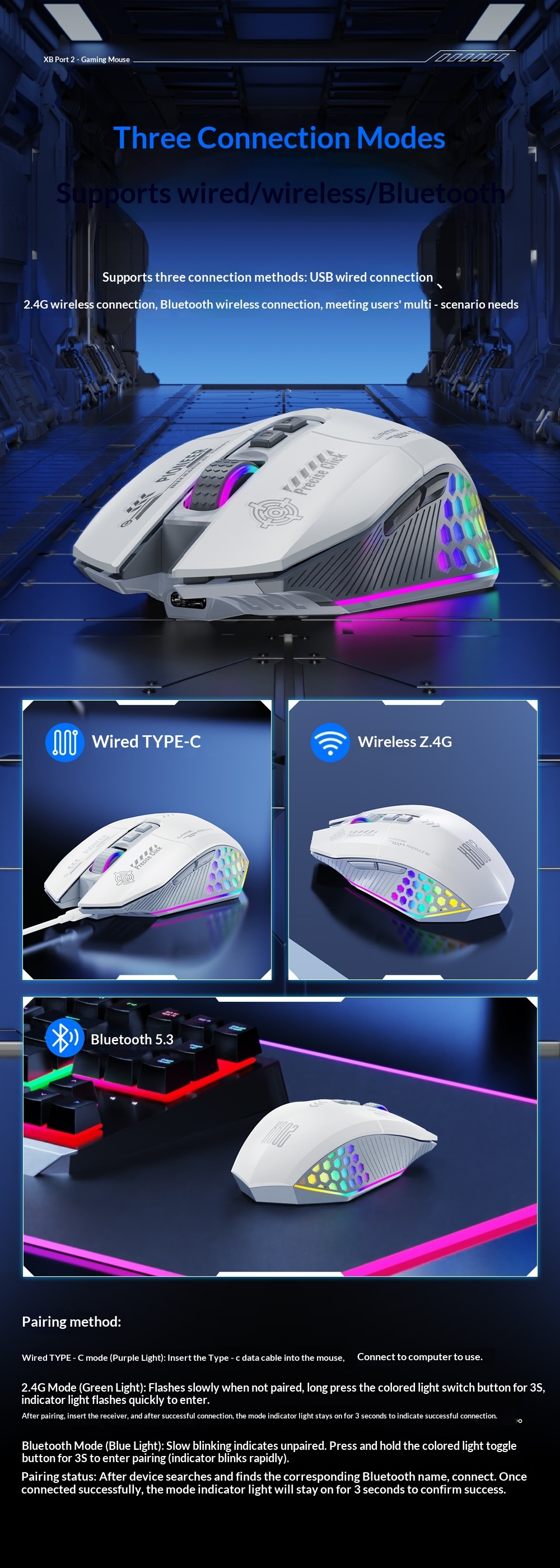 Mouse da gioco Digitex Digitex con cavo, wireless, Bluetooth, tripla modalità, e-sport, computer, ufficio, programmazione, modalità privata, USB, desktop_voghion.com