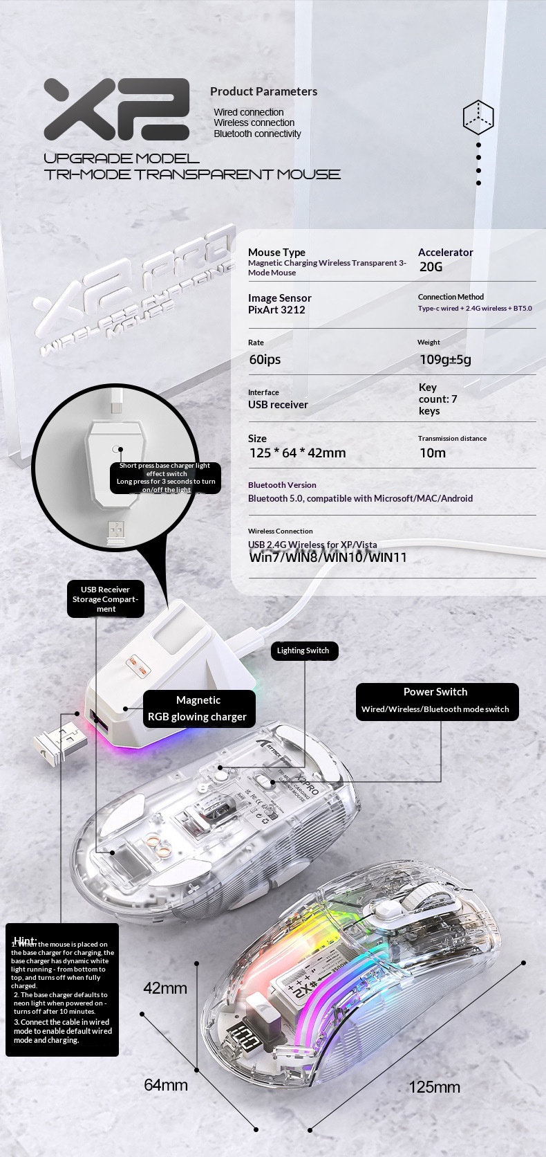 Digitex Digitex Attack Shark X2ProRGB Luminous Wireless Bluetooth Three-Mode Transparent Gaming Esports Mouse_voghion.com