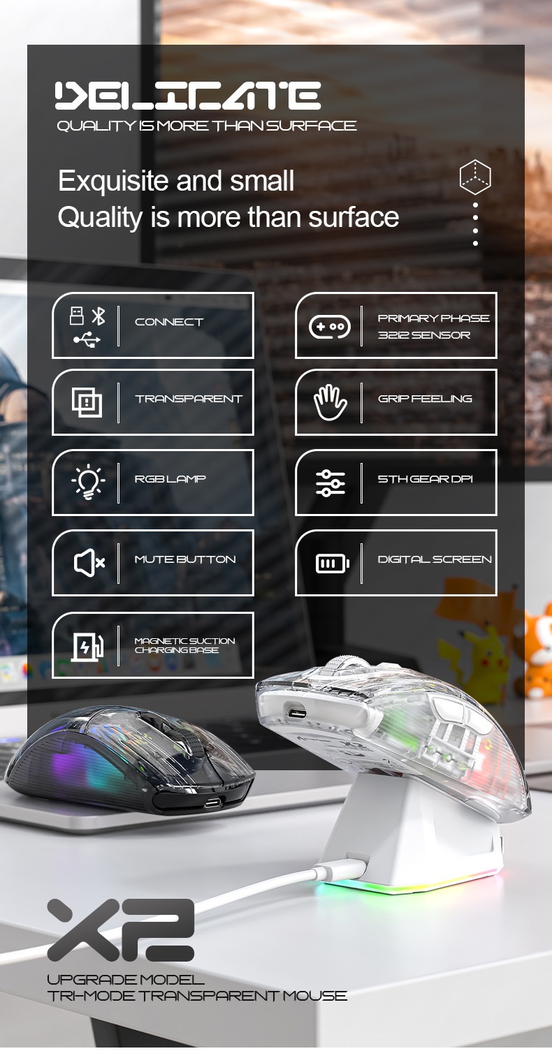 Digitex Digitex Attack Shark X2ProRGB Luminous Wireless Bluetooth Three-Mode Transparent Gaming Esports Mouse_voghion.com