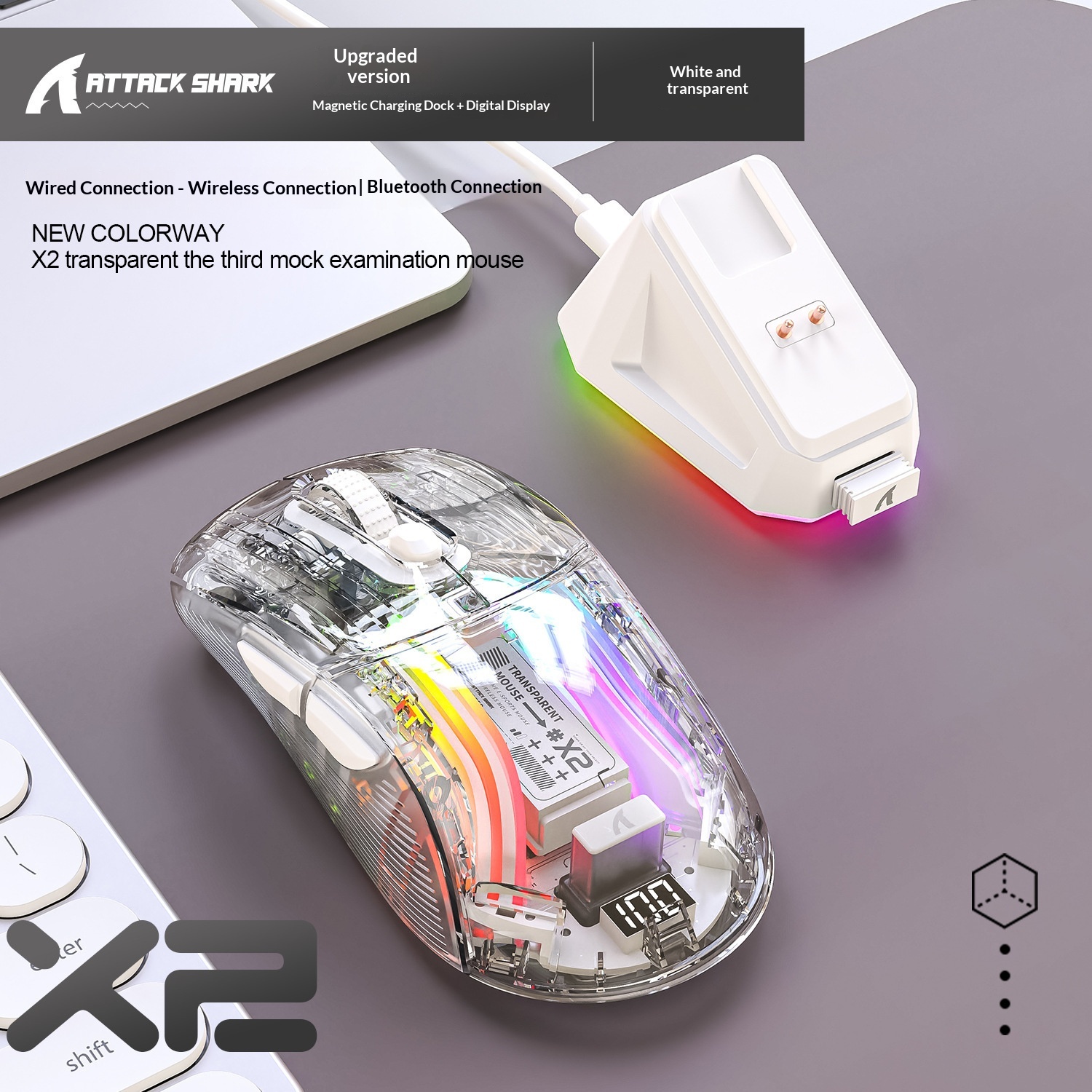 Digitex Digitex Attack Shark X2ProRGB Luminous Wireless Bluetooth Three-Mode Transparent Gaming Esports Mouse_voghion.com