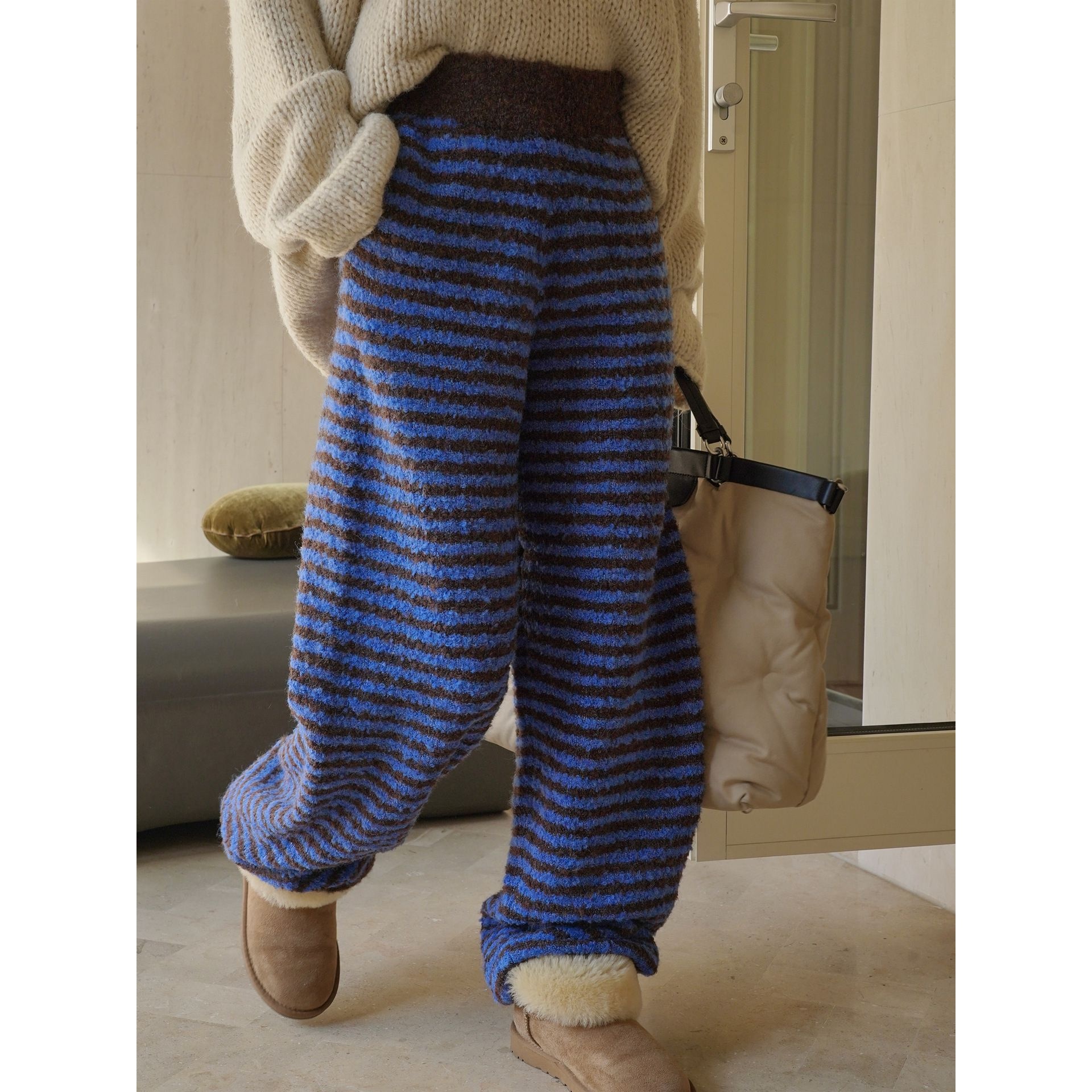 girl Louvre Winter New Korean Style Lazy Color-Block Striped Wool Knit Loose Warm Casual Long Pants For Women_voghion.com