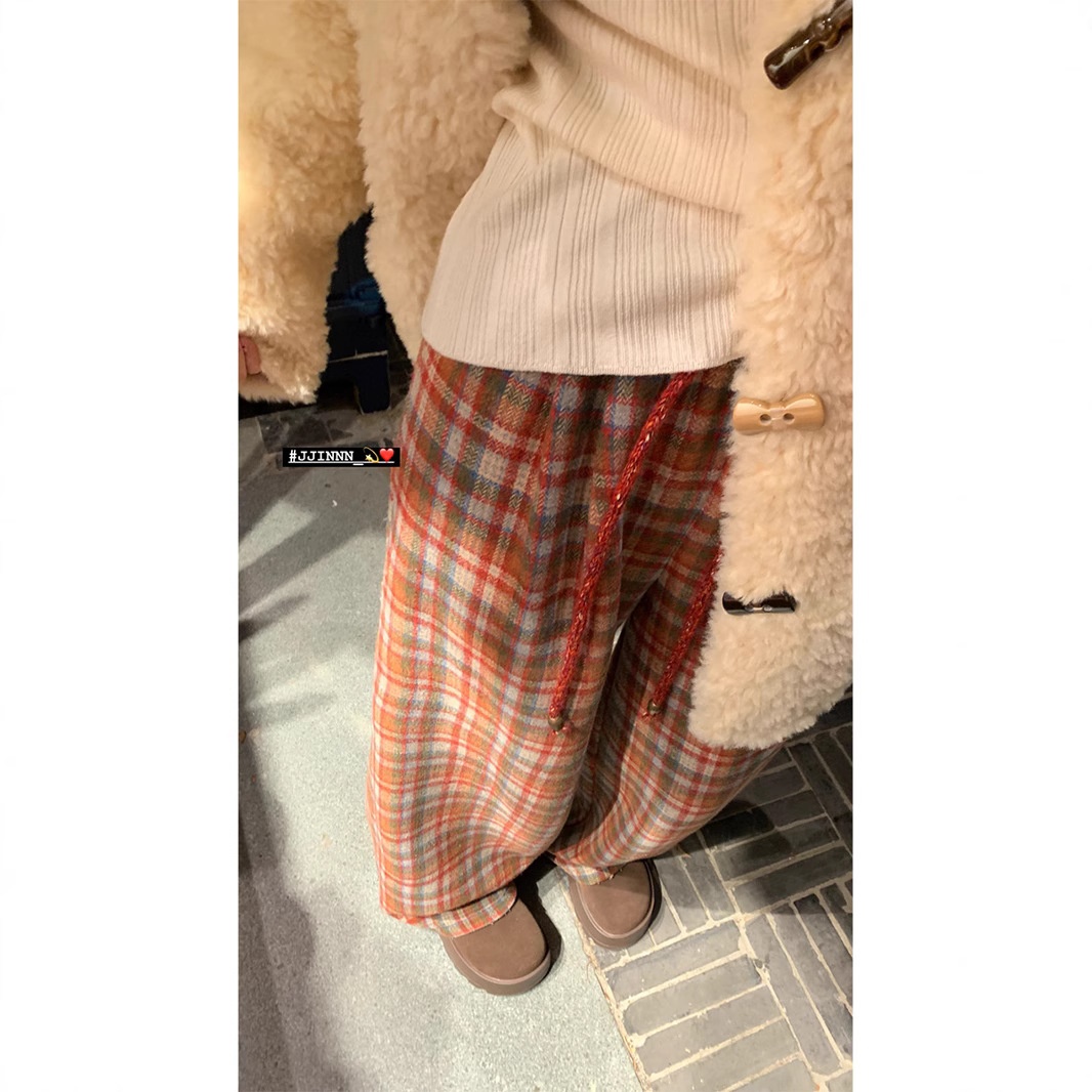 girl HEYGIRL Black Brother Christmas Party Lazy Style Retro Plaid Women Winter Versatile Thickened Woolen Casual Pants_voghion.com