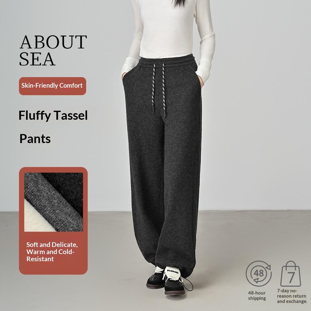girl ABOUTSEA Winter Fleece Cuffed Fashion 2024 Fleece-Lined Pants For Women Thickened Lazy Style High Waist_voghion.com