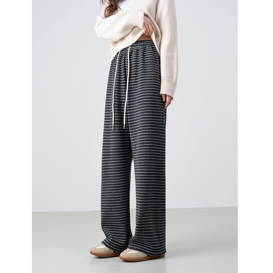 girl Winter New Fleece-Lined Wide-Leg For Women Loose Warm Striped Thickened Straight-Leg Pants_voghion.com
