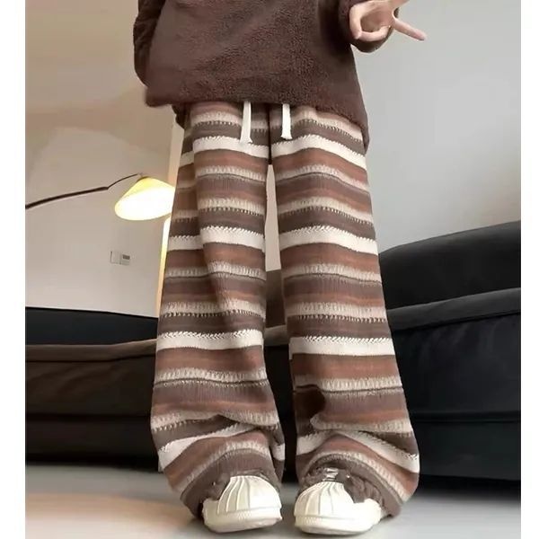 Jean large rayé style décontracté pour femme, idéal pour le printemps, l'automne et l'hiver. Design tendance, color-block, style Instagram, doublure polaire, épais._voghion.com