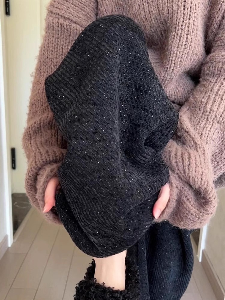 girl Black Rhinestone Wide-Leg For Women, Autumn 2025 New High-End Lazy Style, Winter Fleece-Lined Loose Slimming Pants_voghion.com