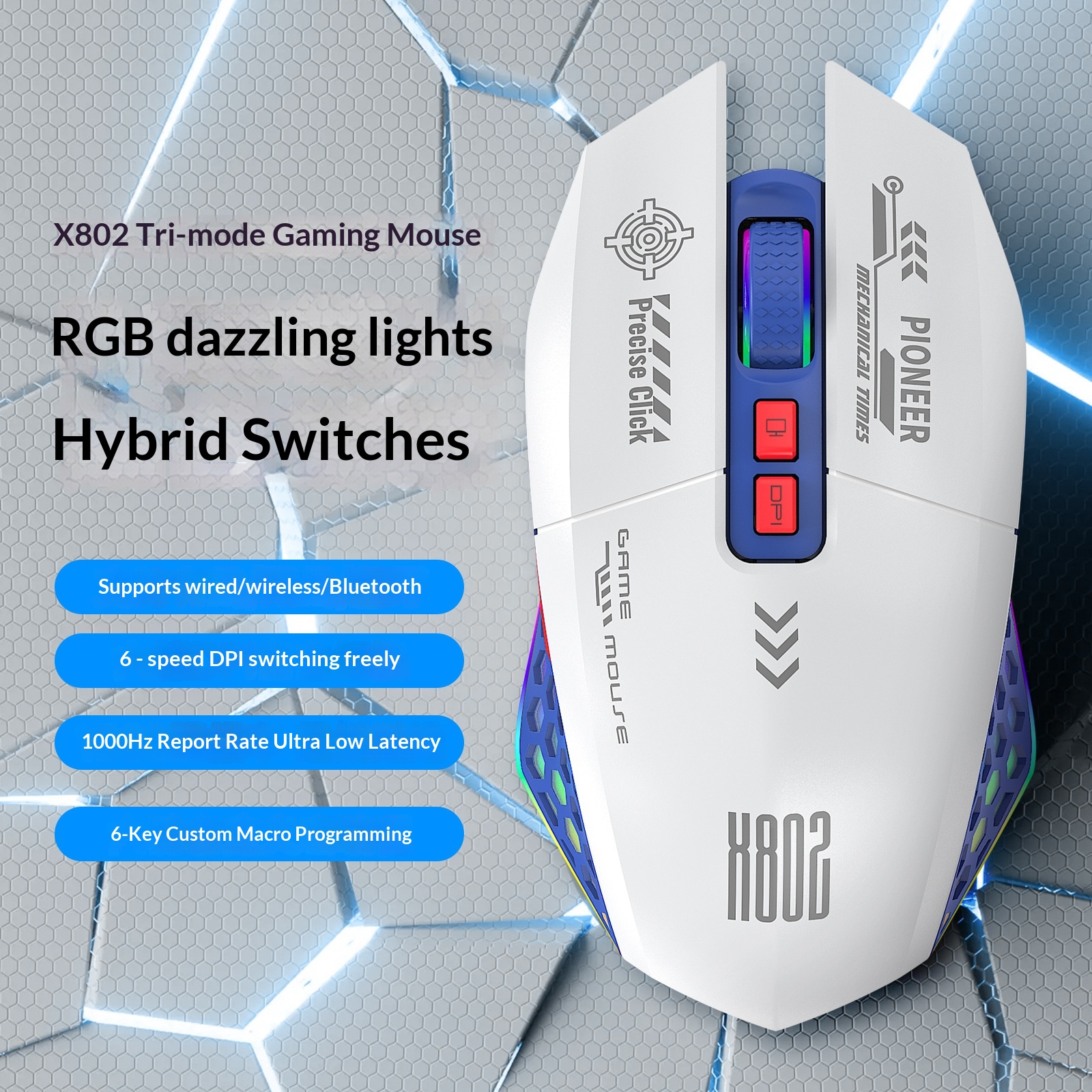 Mouse da gioco Digitex Digitex con cavo, wireless, Bluetooth, tripla modalità, e-sport, computer, ufficio, programmazione, modalità privata, USB, desktop_voghion.com