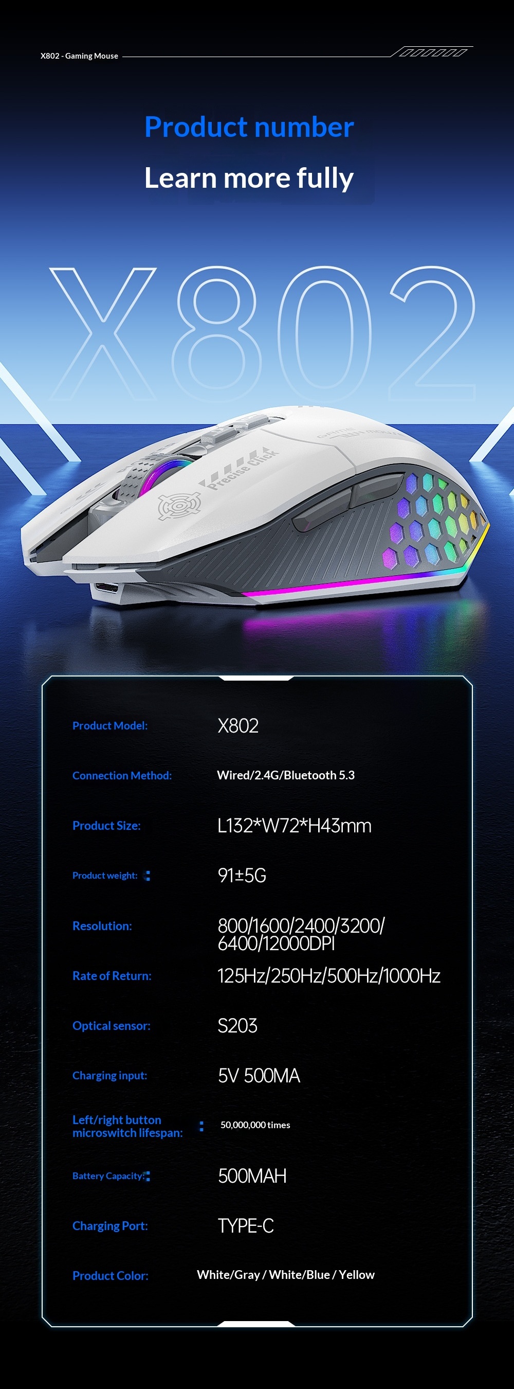 Mouse da gioco Digitex Digitex con cavo, wireless, Bluetooth, tripla modalità, e-sport, computer, ufficio, programmazione, modalità privata, USB, desktop_voghion.com