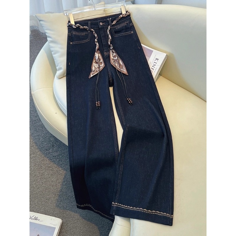 Clair Clair Denim Color Jean For Women, Autumn And Winter 2025 New High Wait Looe Straight Pant With Scarf Belt Wide Leg_mkmklike.com