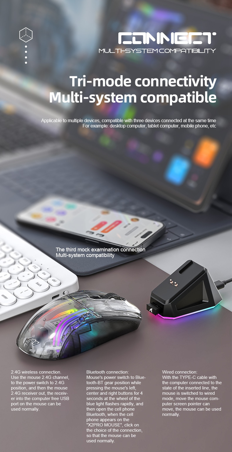 Digitex Digitex Attack Shark X2ProRGB Luminous Wireless Bluetooth Three-Mode Transparent Gaming Esports Mouse_voghion.com
