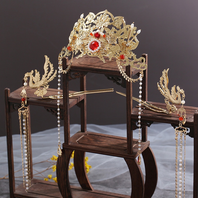 Lillian Bridal, coiffe de mariée chinoise style phénix rouge, boucles d'oreilles, pompon, robe Xiuhe, couronne de cheveux à pompons, costume ancien, robe de mariage._voghion.com