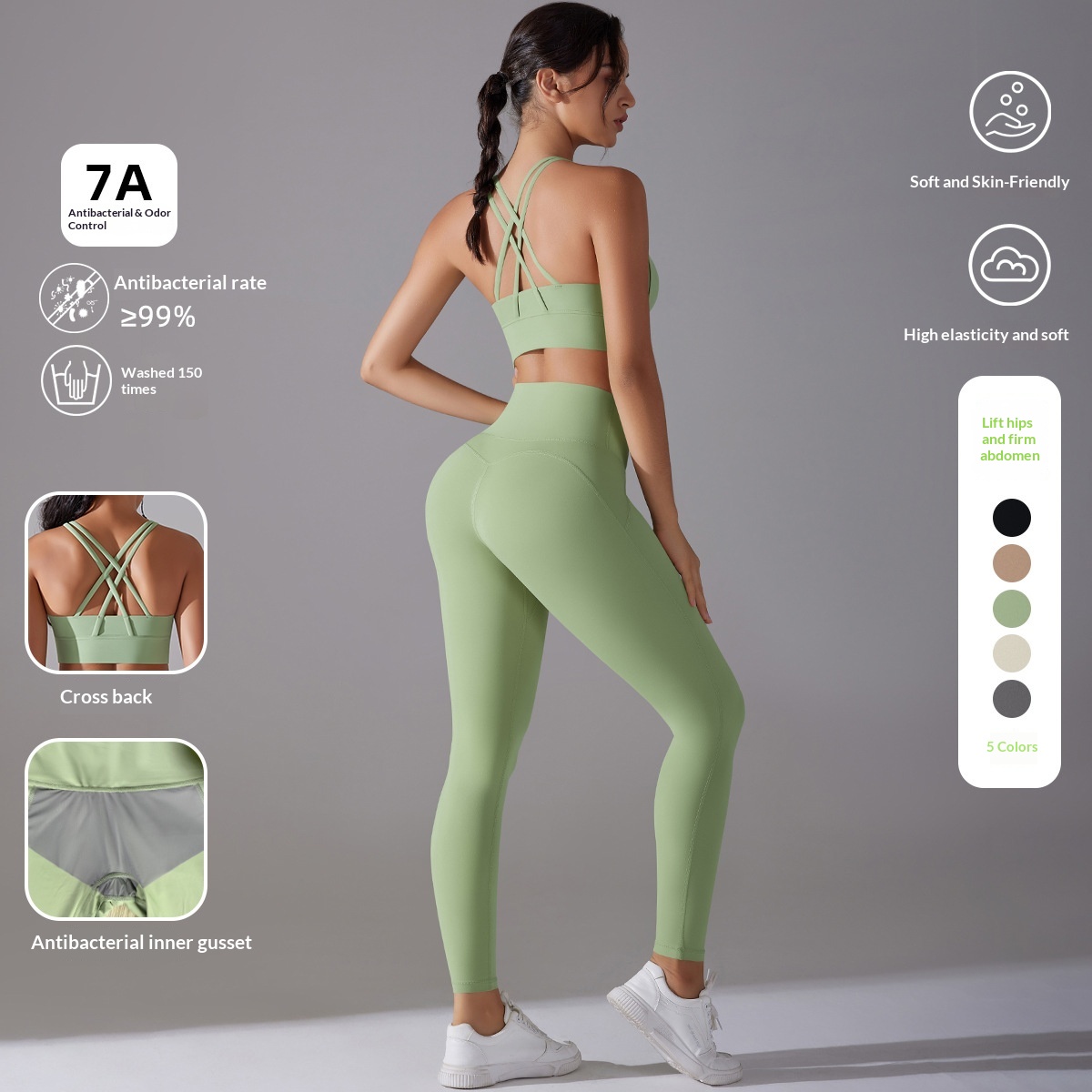 Novo conjunto de duas peças para fitness, ioga e ausência de calcinha, com design antibacteriano e lindo top esportivo com costas cruzadas._voghion.com