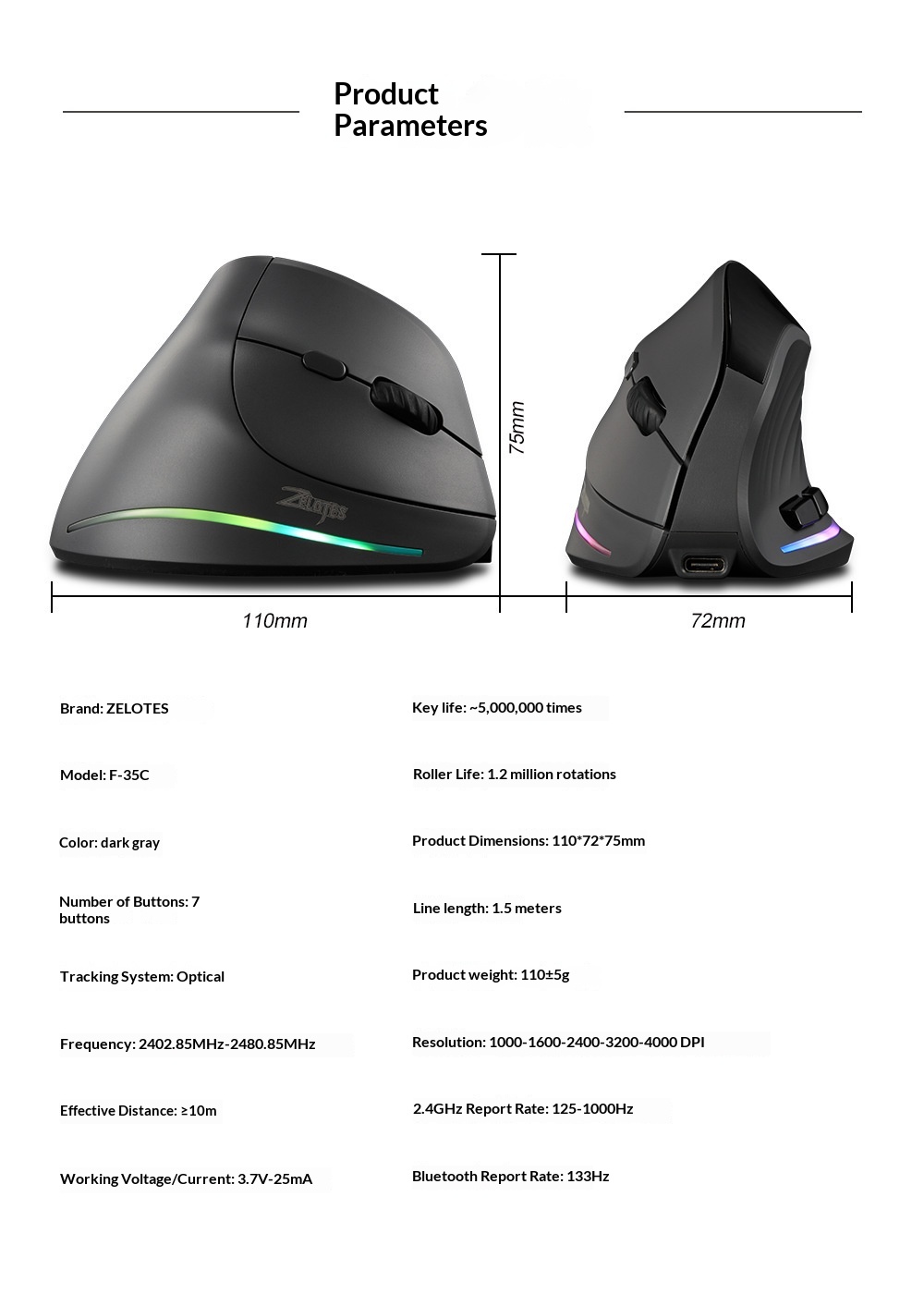 Digitex Digitex ZELOTES Display Wireless Silent RGB Programming Vertical Ergonomic Mouse F-35C_voghion.com