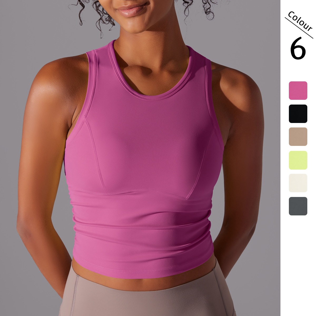 New Double-Sided Nylon Solid Color Slimming Tummy-Control Round Neck Sports Vest Running Fitness Yoga Long Top For Women_voghion.com