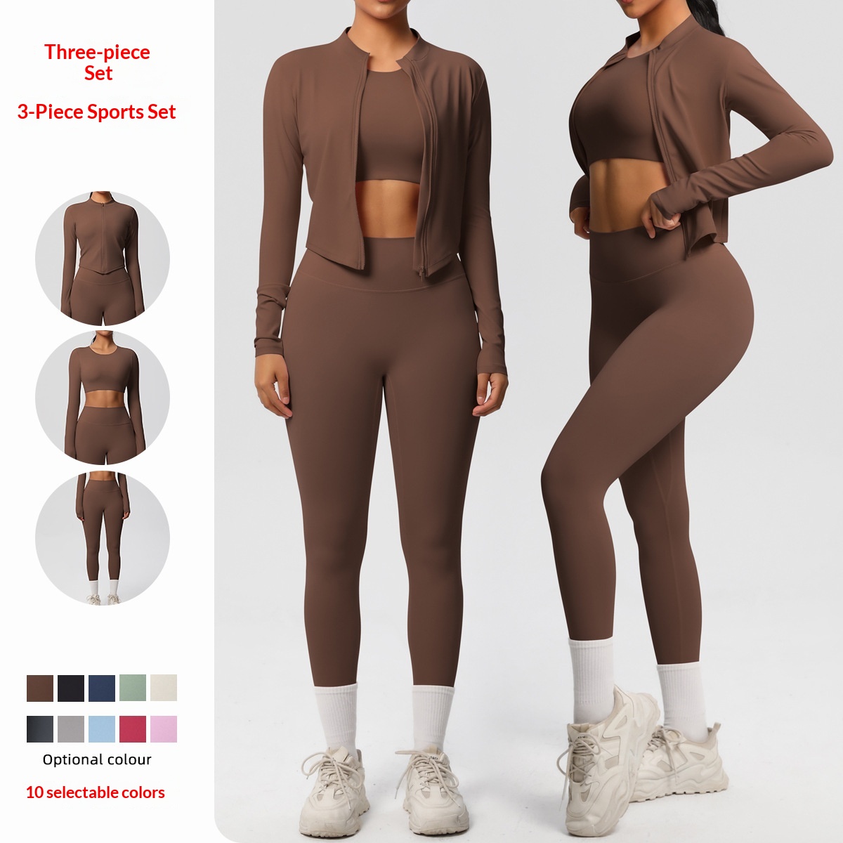 In Stock Cross-Border Solid Color Brushed Breathable Tight-Fitting Fitness Outfit Jacket Three-Piece Set Sports Running_voghion.com