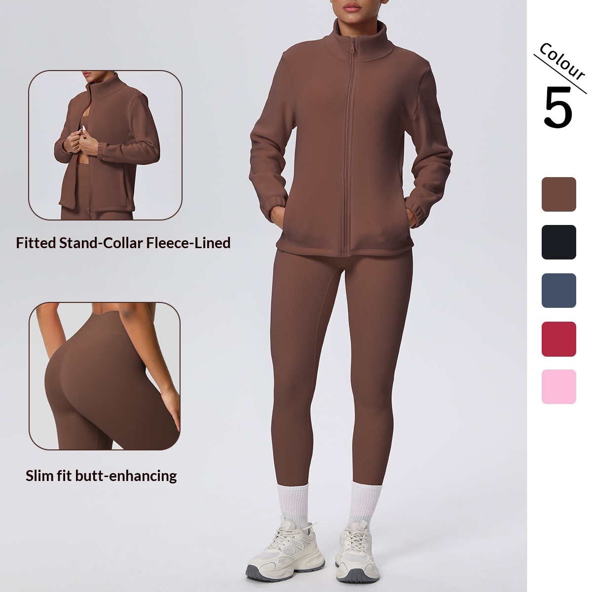 New Cross-Border Solid Color Fleece-Lined Stand Collar Zipper Jacket And Pants Yoga Outfit For Sports Running Fitness_voghion.com