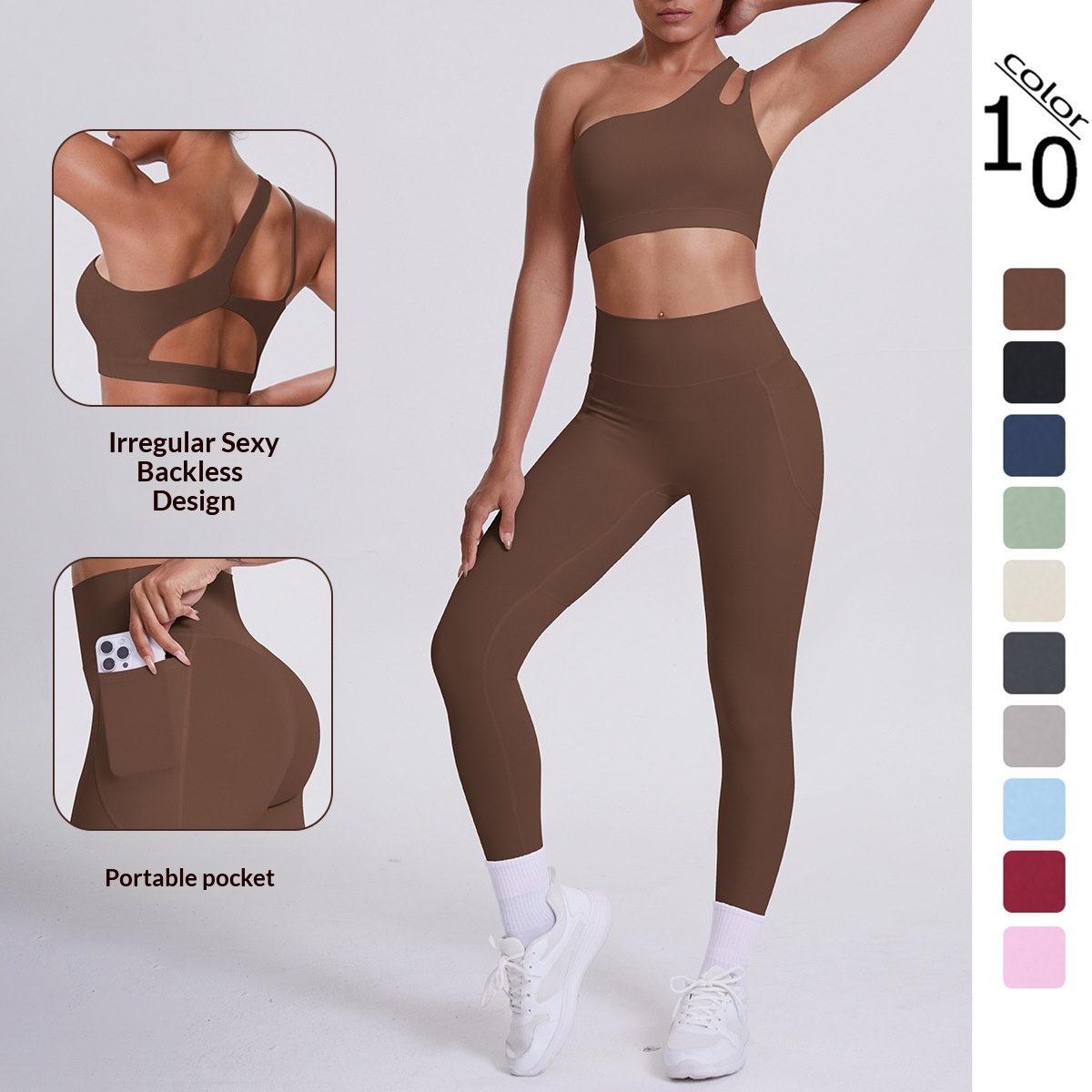 Sınır Ötesi Avrupa ve Amerika Birleşik Devletleri Çift Taraflı Fırçalanmış Tek Omuzlu Yoga Takımı Spor Koşu Fitness Cepli Uzun_voghion.com