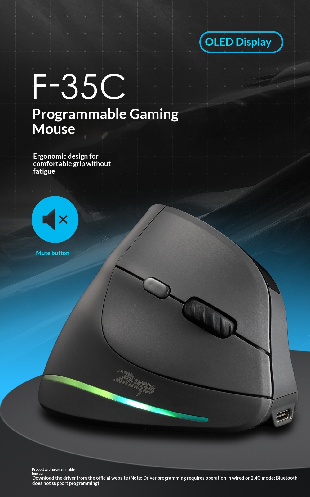 Digitex Digitex ZELOTES Display Wireless Silent RGB Programming Vertical Ergonomic Mouse F-35C_voghion.com
